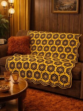 Vintage large honeycomb afghan blanket yellow dark brown 6.4x4’ hand crochet 70s